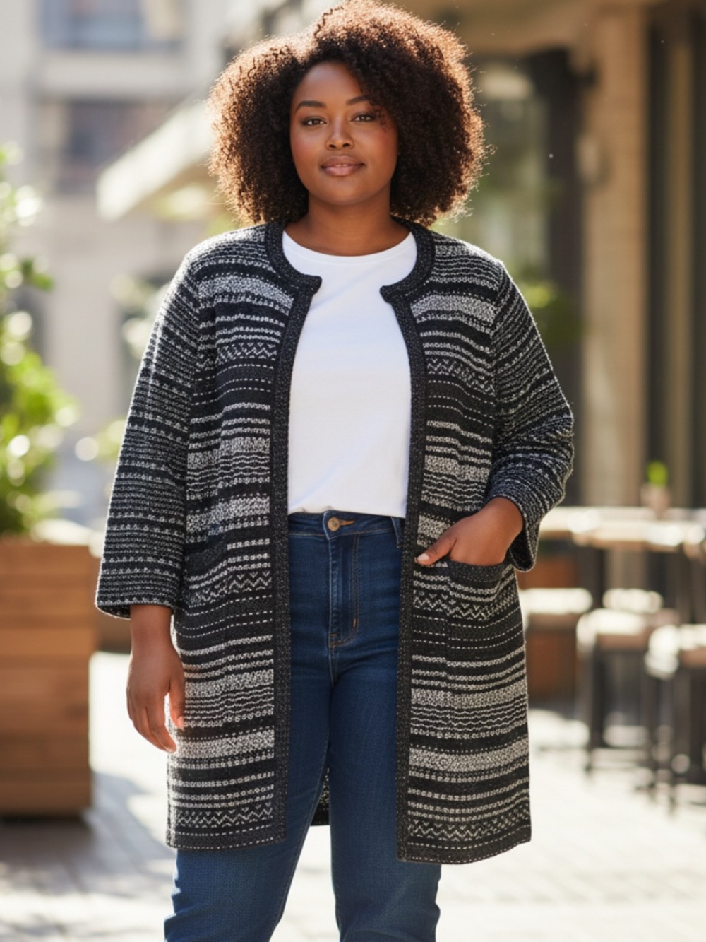Talbots Black & Gray Open-Front Textured Knit Cardigan